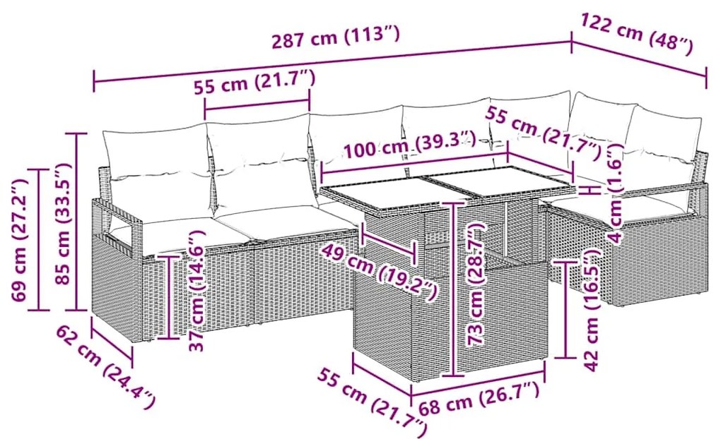 Conjunto de Sofá de Jardim 7 pcs Preto 100 x 55 x 73 cm