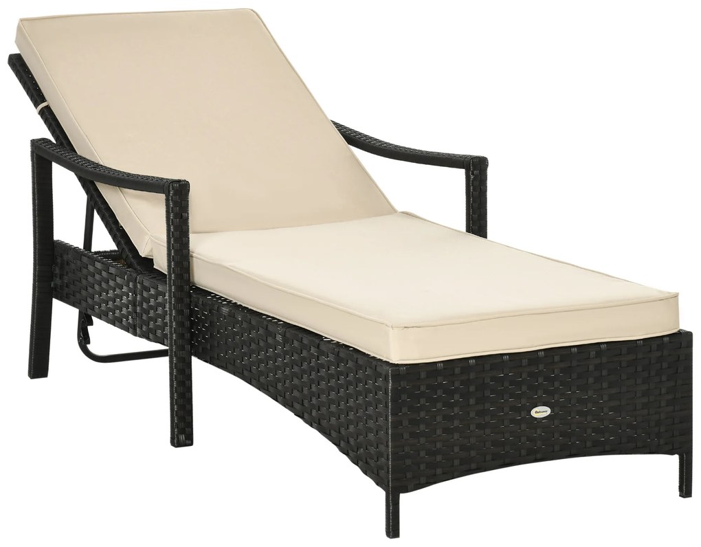 Outsunny Espreguiçadeira de Vime de Jardim Espreguiçadeira com Encosto Ajustável em 4 Posições Almofadas Acolchoadas e Capa Removível para Terraço Pátio Exterior 192x62,5x58-95cm Marrom e Bege