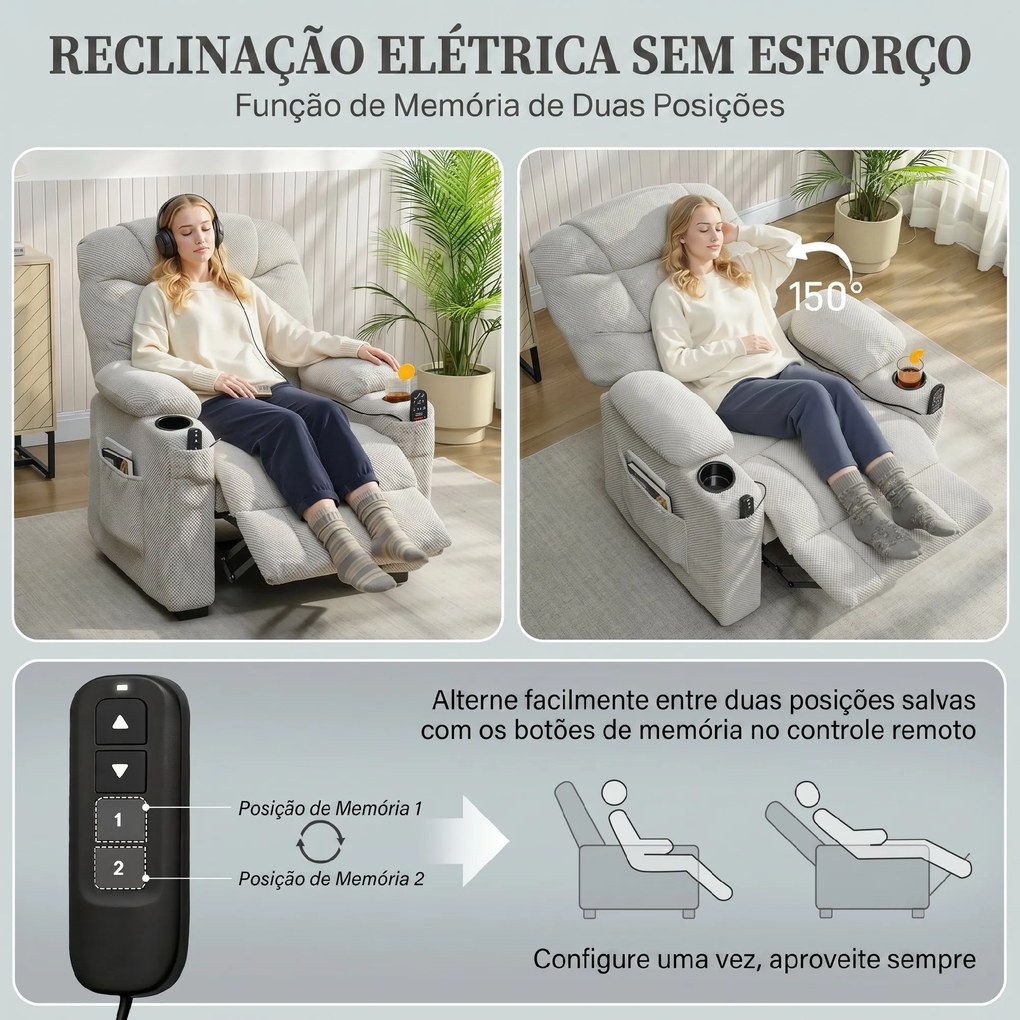 Poltrona Relax Elétrica Reclinável com Calor Lombar Massagem Vibratória Motor Silencioso Função Memória USB Cinza