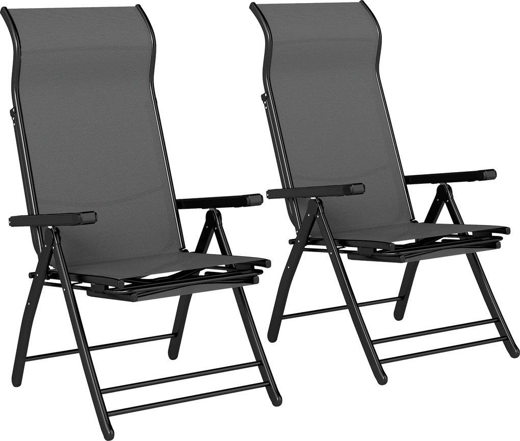 Conjunto de 2 Cadeiras Dobráveis Reclináveis de Jardim Exterior com Encosto Alto Ajustável em 5 Posições Apoio para Pés Cinza Escuro