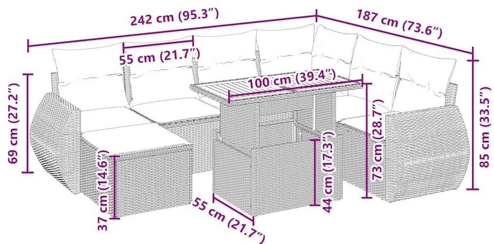 8 pcs conjunto de sofás p/ jardim com almofadões vime PE bege