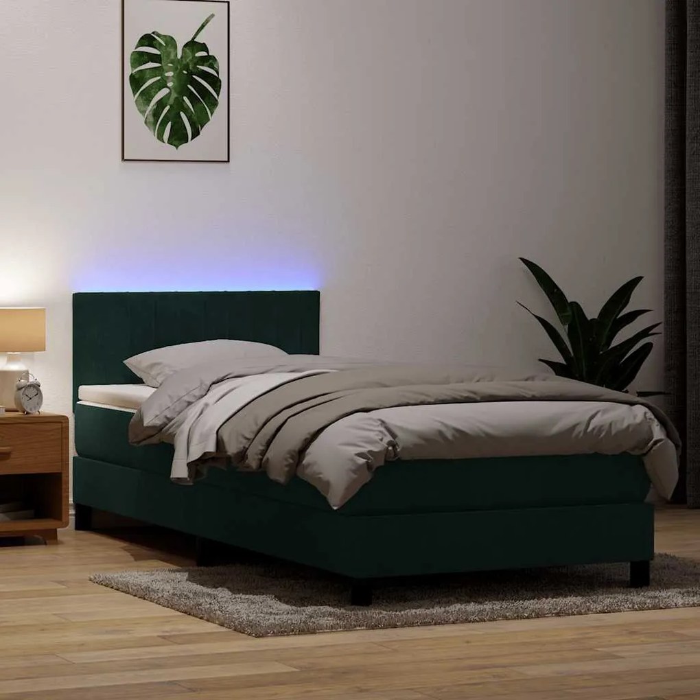 vidaXL Cama box spring c/ colchão e LED 100x220 cm veludo verde-escuro