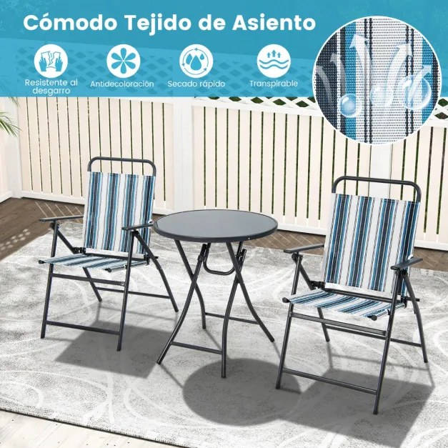 Conjunto de mesa dobrável de jardim e 2 cadeiras com tecido texteline respirável e estrutura de metal para quintal, piscina e varanda Riscas