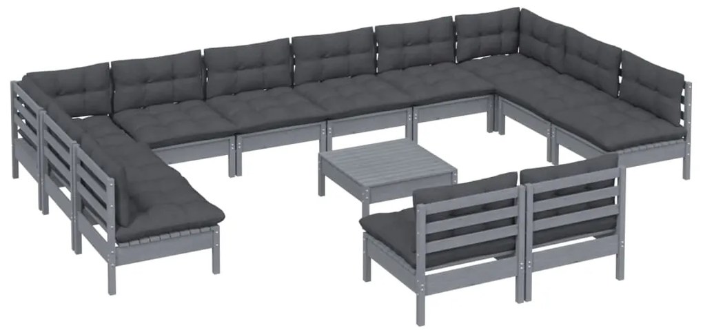 13pcs conjunto lounge de jardim + almofadões pinho maciço cinza
