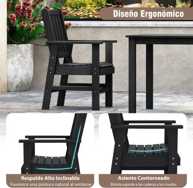 Cadeira de jantar de jardim Plástico com braços largos, assento e encosto em ripas para salão Gazebo 61 x 61,5 x 95 cm Preto