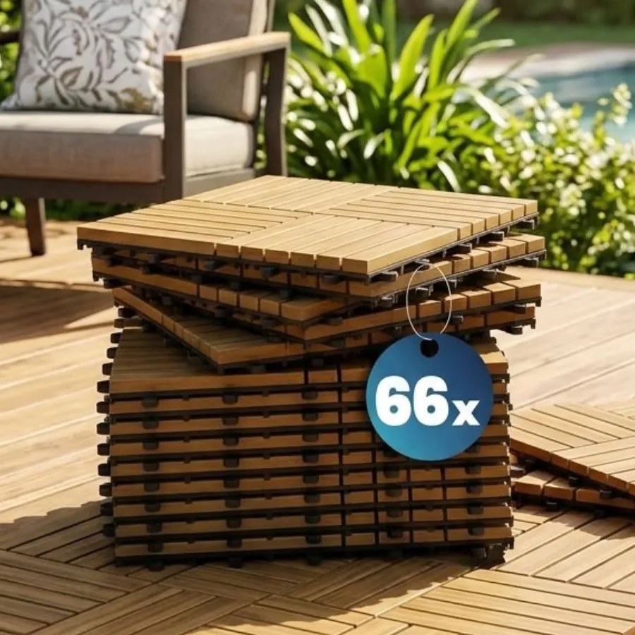 Conjunto de 66 ladrilhos, madeira de acácia, mosaico «quattro», 30 x 30 cm Castanho