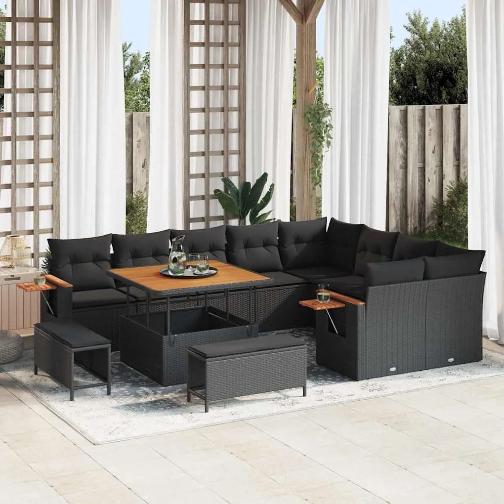 vidaXL Conjunto de Sofá de Jardim com almofada Preto Rattan Sintético