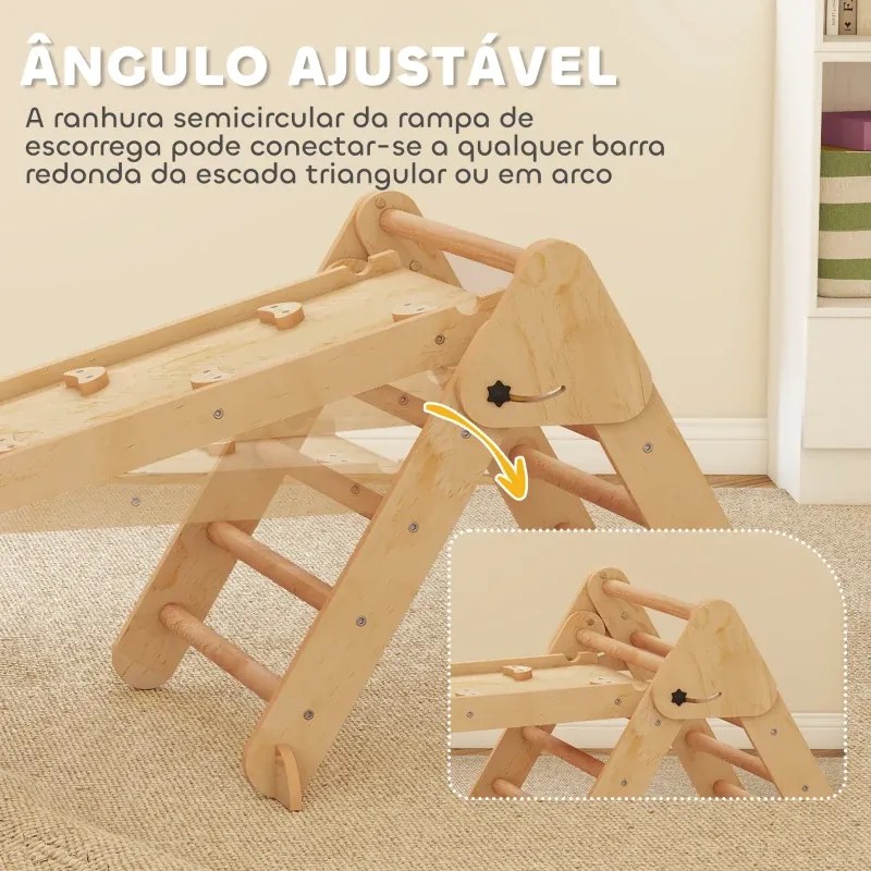 Triângulo de Escalada 7 em 1 com Arco e Rampa Escalada para Crianças de Madeira Dobrável para 18-48 Meses 188x70 cm Madeira