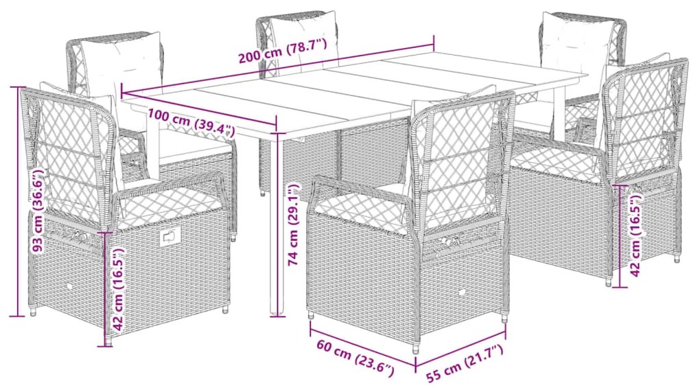 7 pcs conjunto de jantar p/ jardim com almofadões vime PE bege
