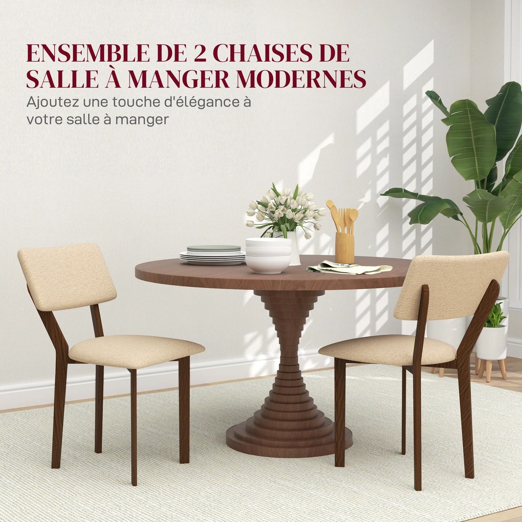 Conjunto de 2 cadeiras de sala de jantar e de cozinha com encosto (MESA NÃO INCLUIDA), pés em madeira e tecido com efeito de linho, 49 x 56 x 85 cm, b