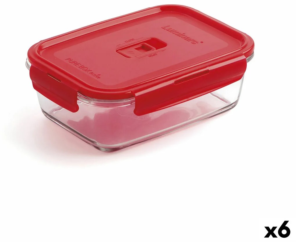 Lancheira Hermética Luminarc Pure Box Vermelho 16 X 11 cm 820 Ml Vidro (6 Unidades)