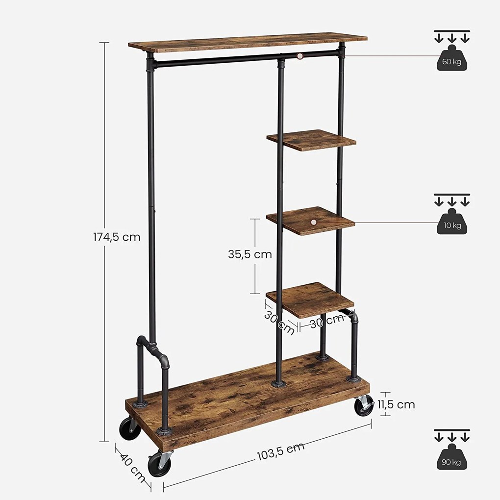 Guarda Roupa aberto com prateleiras de rede Estilo industrial 103,5 x 40 x 174,5 cm castanho vintage