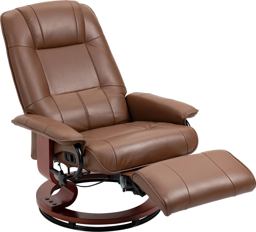 HOMCOM Poltrona relax, reclinável 145°, apoio para pés ajustável, couro sintético, giratória 360°, até 120 kg, Castanho | Aosom Portugal
