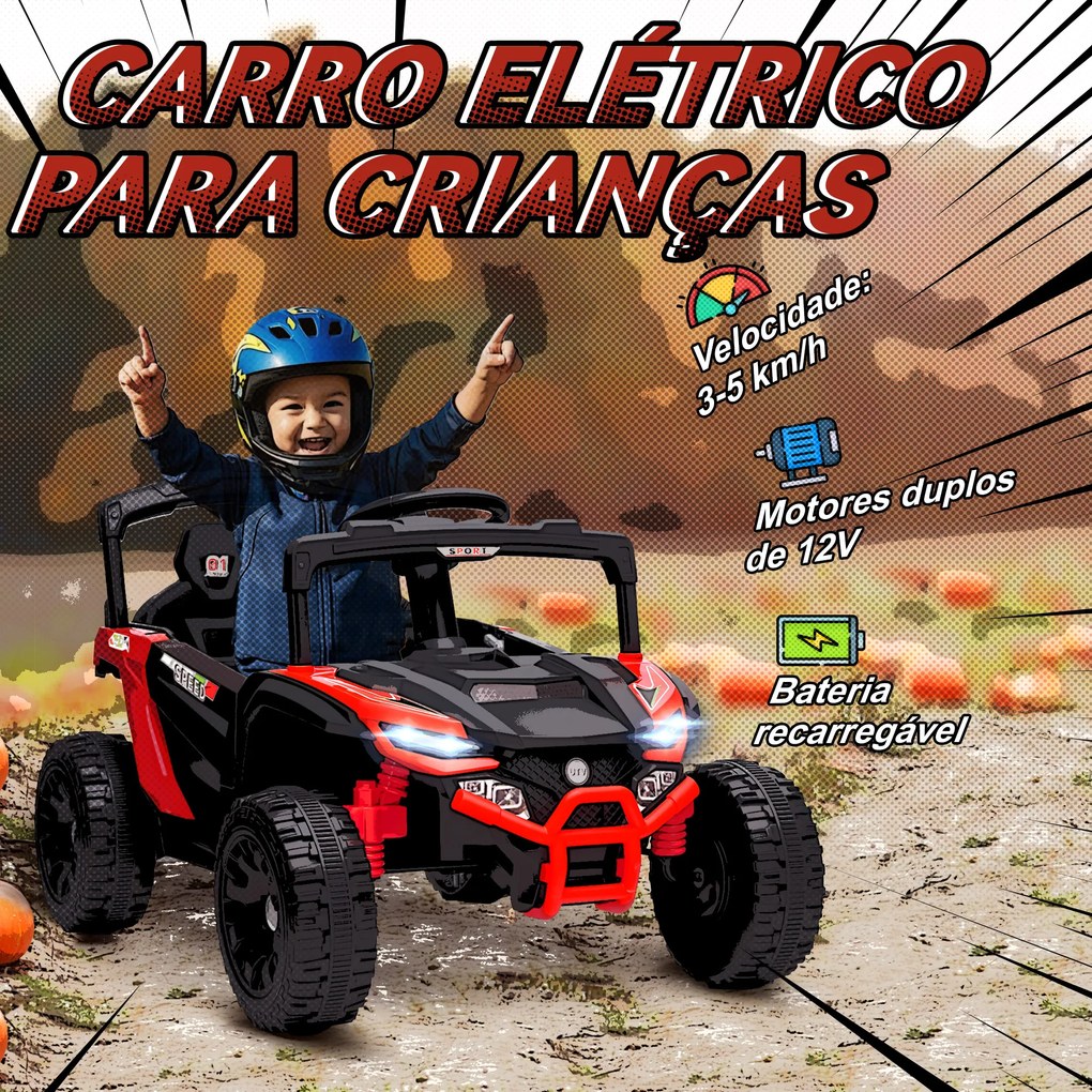 Carro Elétrico para Crianças 12V com 2 Motores Suspensão Traseira Faróis e Música 88x57,5x55,5 cm Vermelho