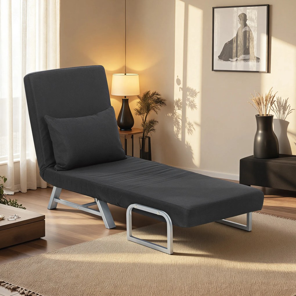 Poltrona reclinável convertível em sofá-cama de 1 lugar, com almofada lombar, braços e base em metal, em linho preto