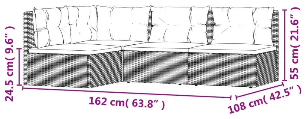 4 pcs conjunto lounge de jardim c/ almofadões vime PE cinzento