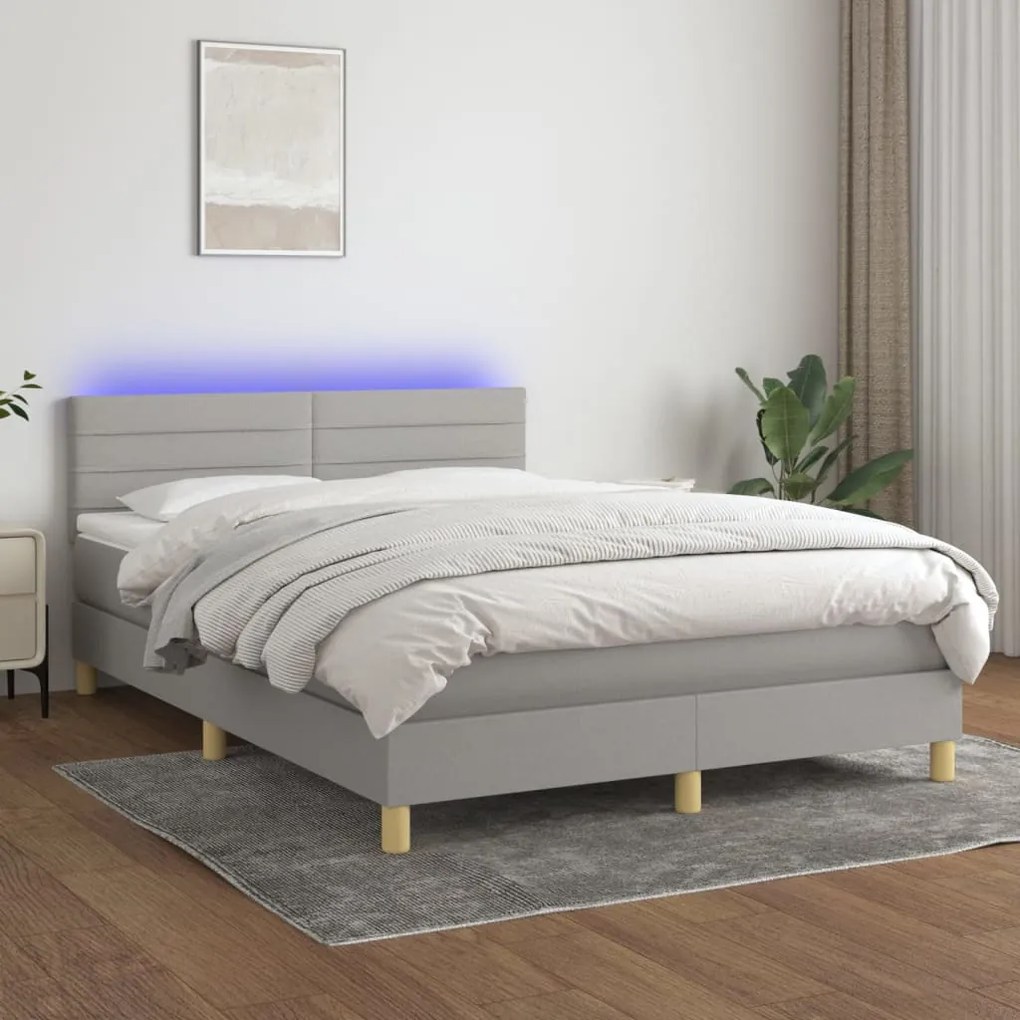 Cama box spring c/ colchão e LED 140x200 cm tecido cinza-claro