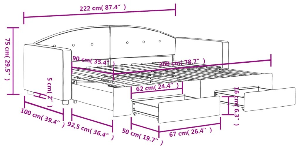 Sofá-cama com gavetão e gavetas 90x200 cm veludo rosa