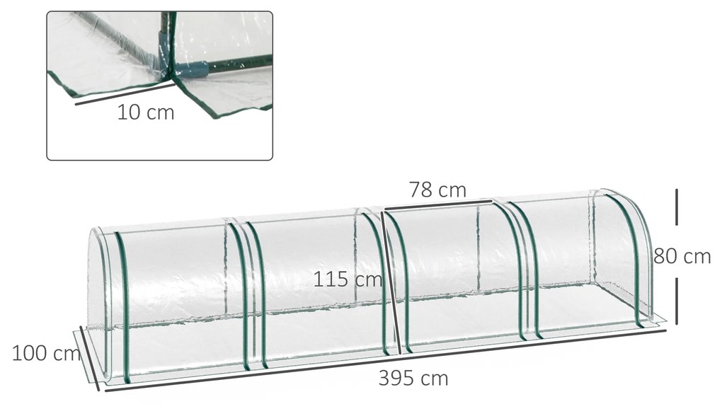 Estufa 395x100x80 cm para Jardim Varanda Estufa Pequena para Cultivo de Plantas com 4 Janelas Estrutura de Aço e PVC Transparente e Verde