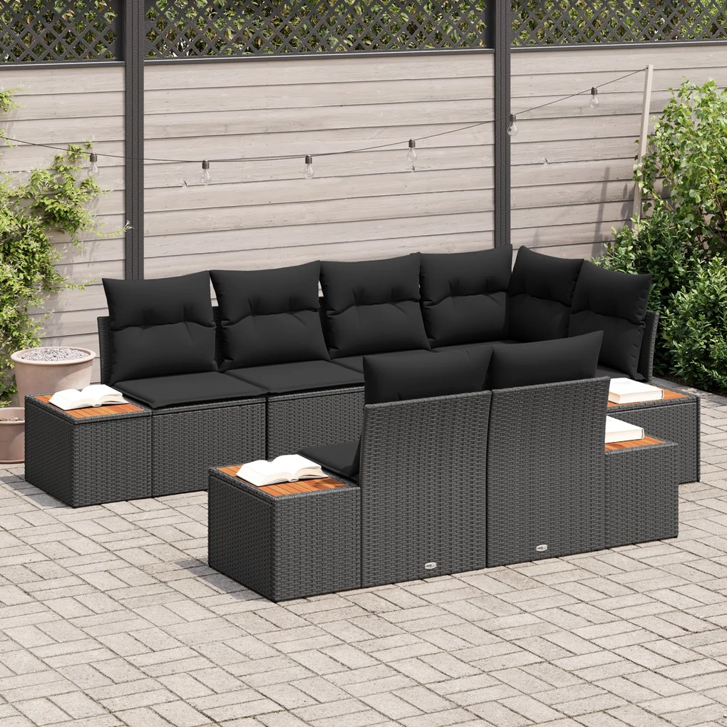 Conjunto de Sofá de 7 Peças com Almofadas Preto de Vime