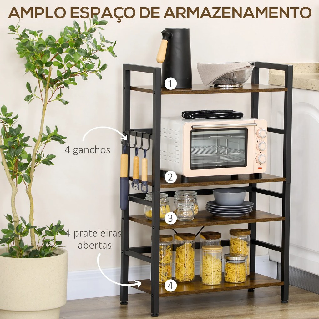 Estante de Cozinha com 4 Prateleiras Ganchos e Sistema Anti-Tombo Estante para Micro-Ondas 65x30x102 cm Castanho Rústico e Preto