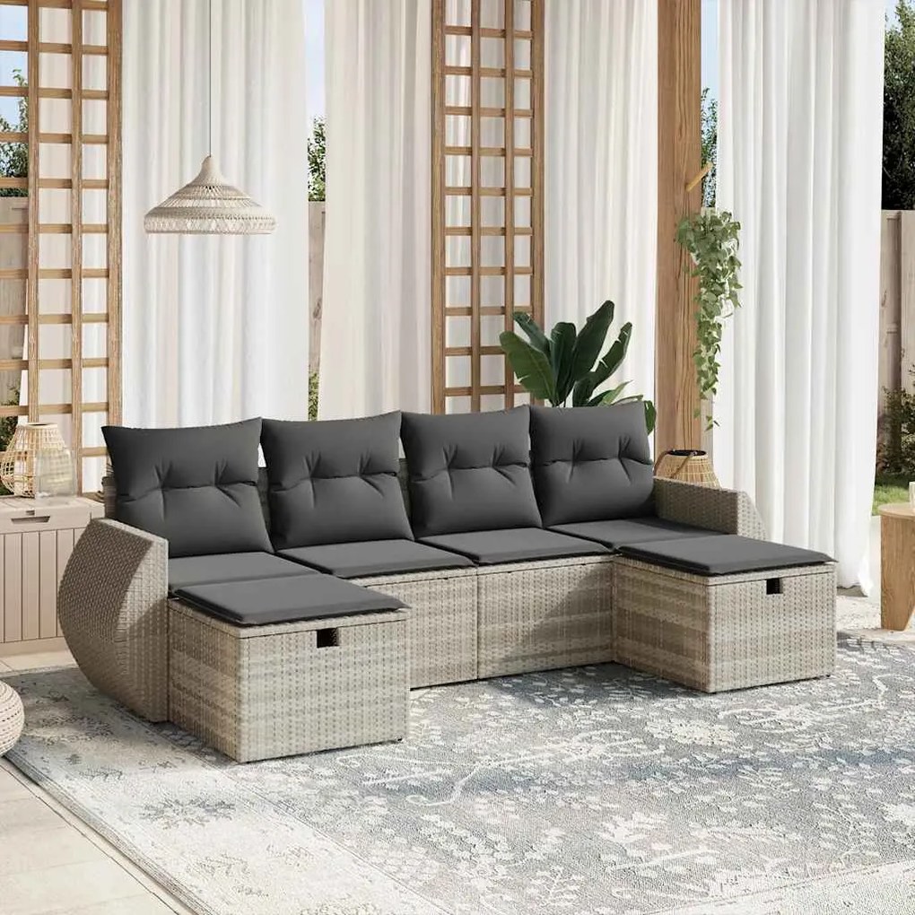 6 pcs conj. sofás jardim com almofadões vime PE cinzento-claro
