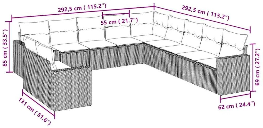11 pcs conjunto sofás de jardim c/ almofadões vime PE cinzento