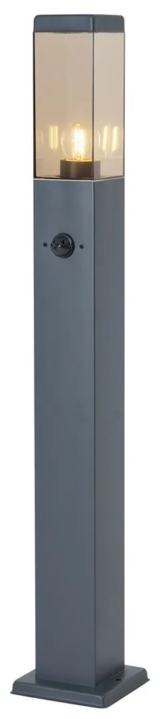 Candeeiro de exterior cinzento escuro com vidro fumado 80cm IP44 com tomada e sensor de movimento - Malios Moderno