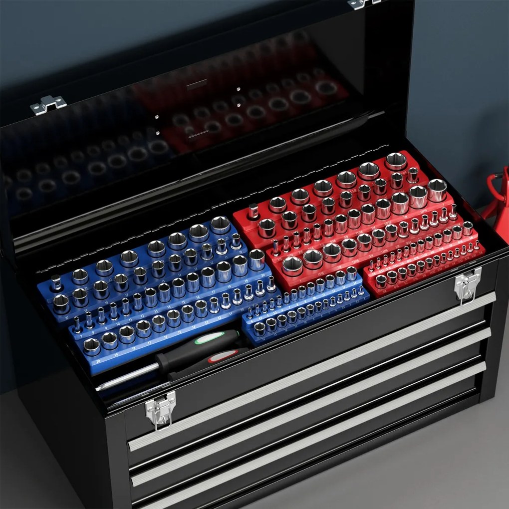 Conjunto de 6 organizadores magnéticos para porta-soquetes métricos e imperiais com soquetes de 1/2, 3/8 e 1/4 polegadas azul e vermelho