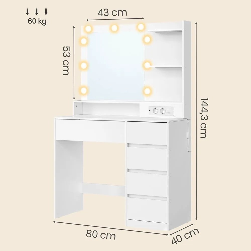 Toucador com espelho 80 x 40 x 144,3 cm, iluminação LED, tomada e 5 gavetas, branco