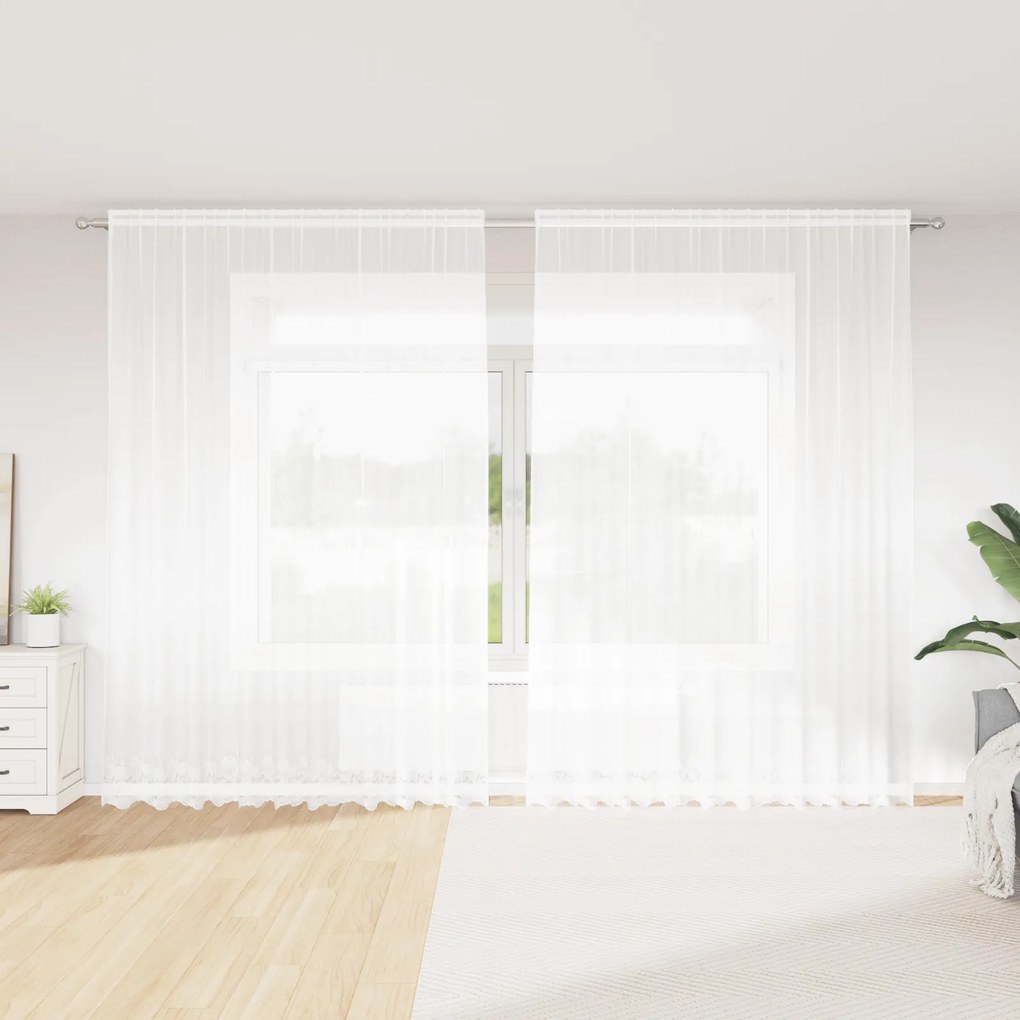 vidaXL Cortina de Renda com cortinas Floral Branco 300 x 300 cm Poliéster