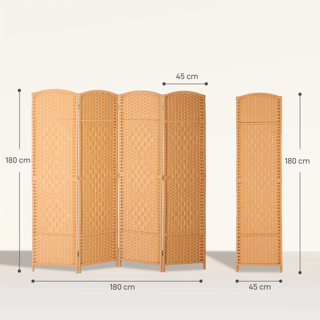 Biombo de interior em madeira 180 x 180 cm,, com 4 painéis, divisória dobrável para sala de estar ou quarto, castanho claro