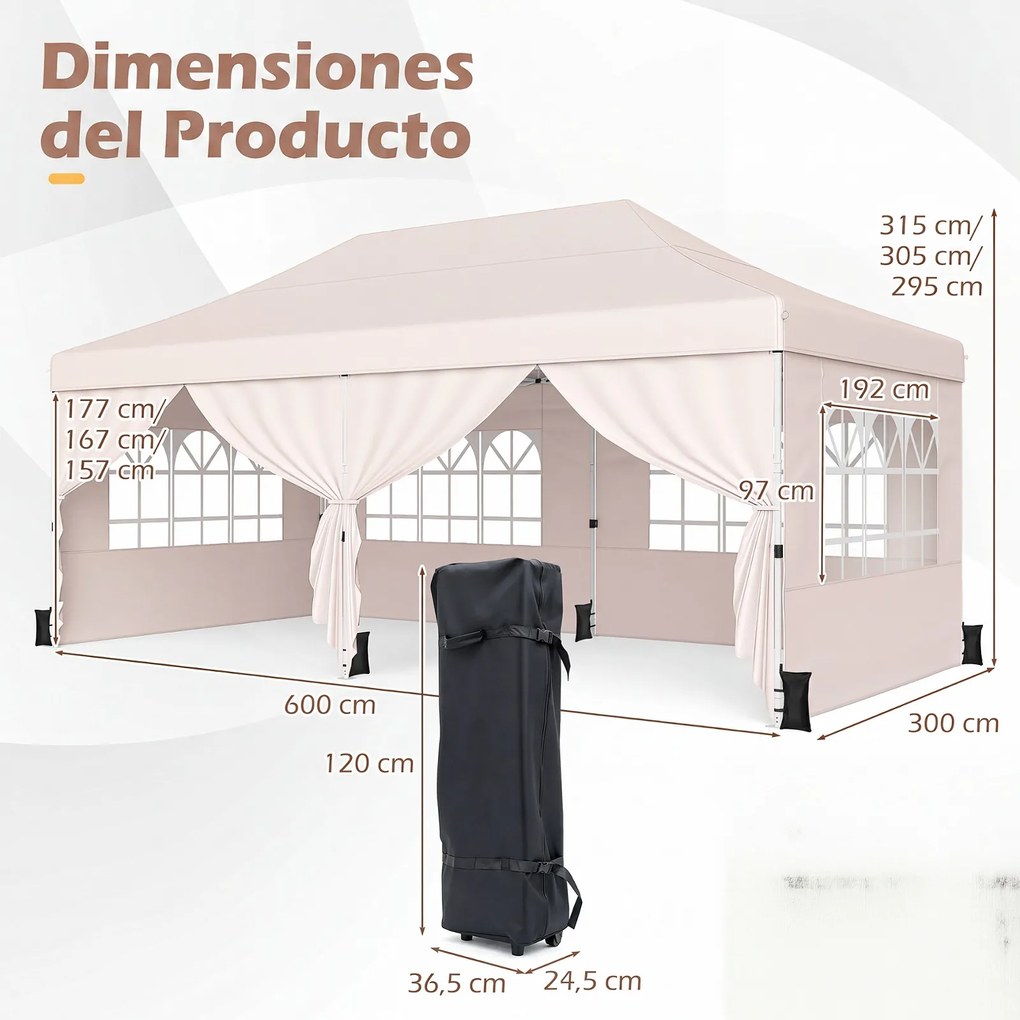 Tenda de Jardim Dobrável com 6 pesos, 600 x 300 x 310 cm, Paredes Laterais Removíveis, Bege