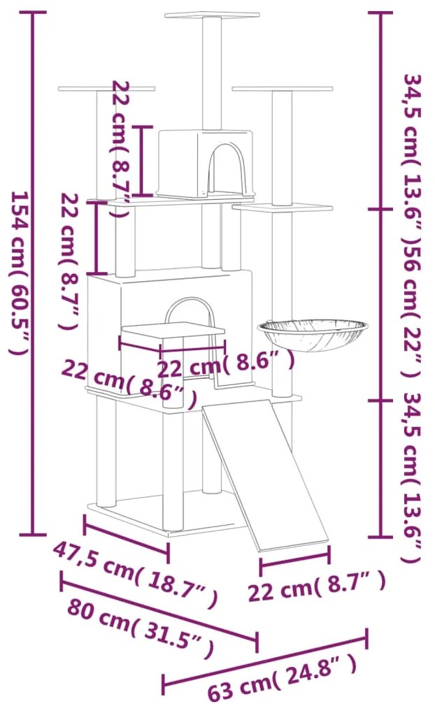 Árvore p/ gatos c/ postes arranhadores sisal 154cm cinza-escuro