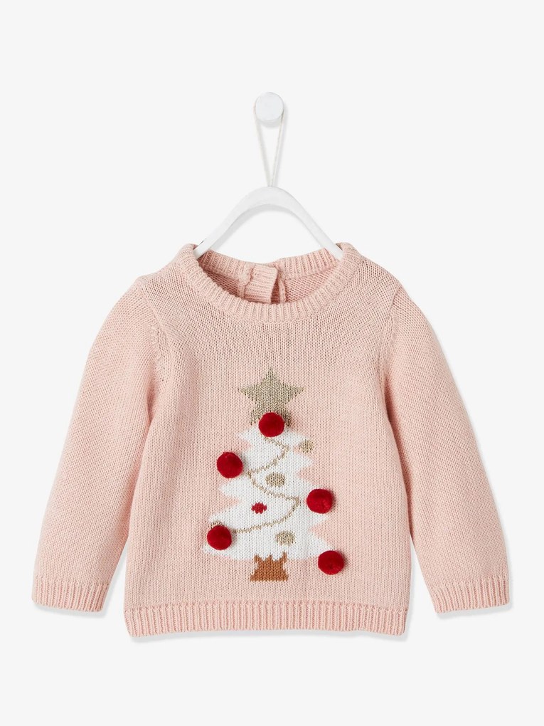 Camisola com árvore de Natal e pompons, para bebé rosa claro liso com motivo