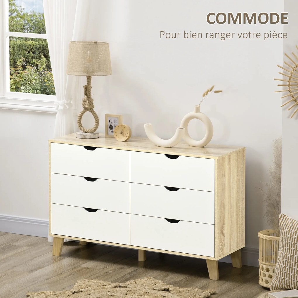 Cómoda de 6 gavetas em estilo escandinavo 120L x 40P x 76A cm, móvel de arrumação cor carvalho e bege