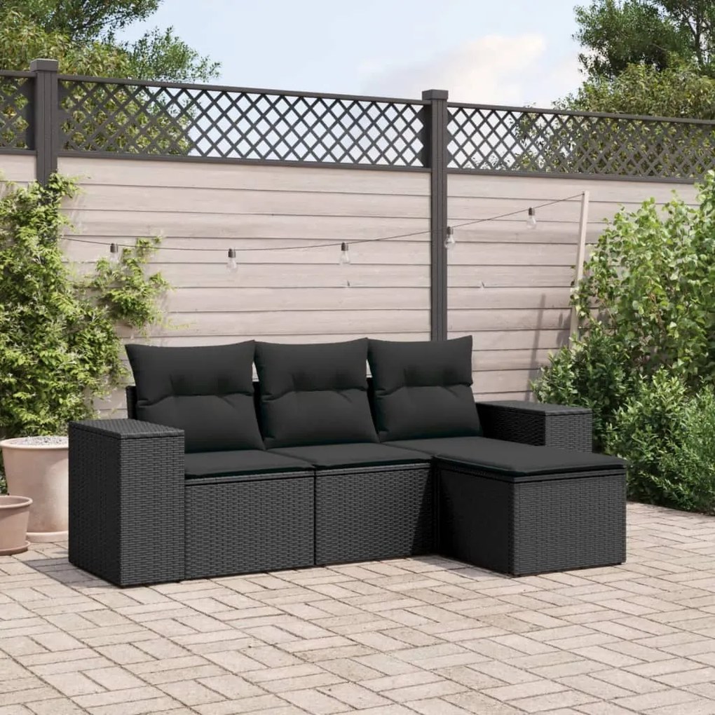 vidaXL 4 pcs conjunto de sofás para jardim c/ almofadões vime PE preto