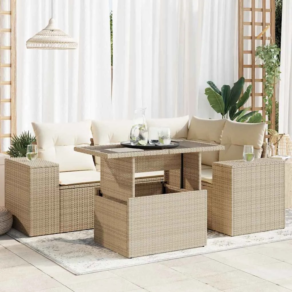 vidaXL 5 pcs conjunto de sofás p/ jardim com almofadões vime PE bege