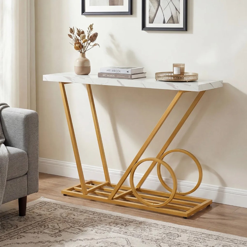 Mesa Consola moderna 100 x 29,5 x 81 cm com tampo em mármore sintético e Estrutura metálica para corredor, sala de estar ou entrada, Branca e Dourada