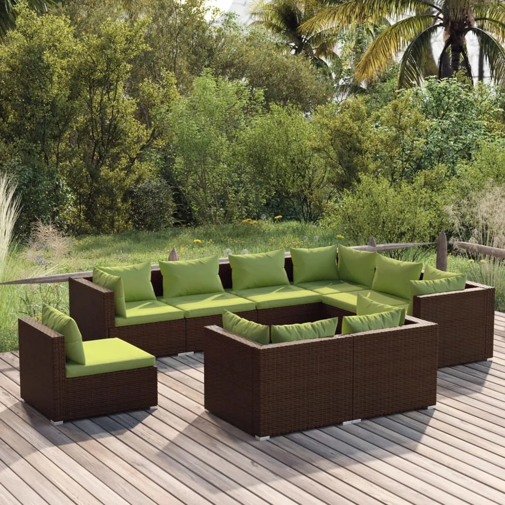 vidaXL 9 pcs conjunto lounge de jardim c/ almofadões vime PE castanho
