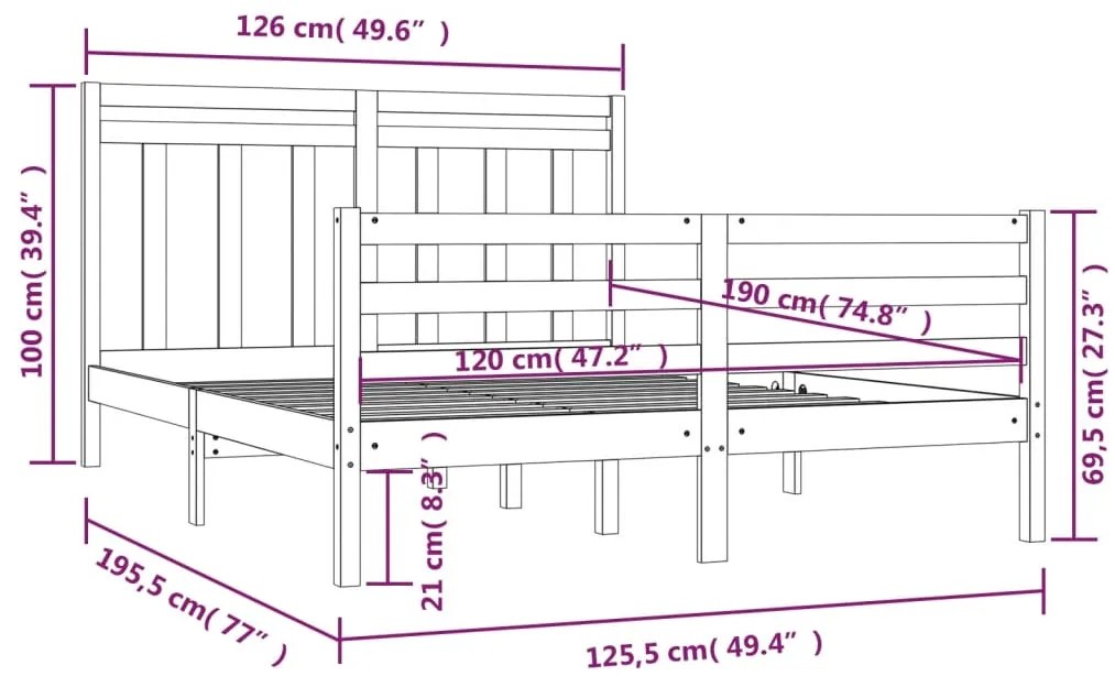 Estrutura de cama pequena casal 120x190 cm pinho maciço