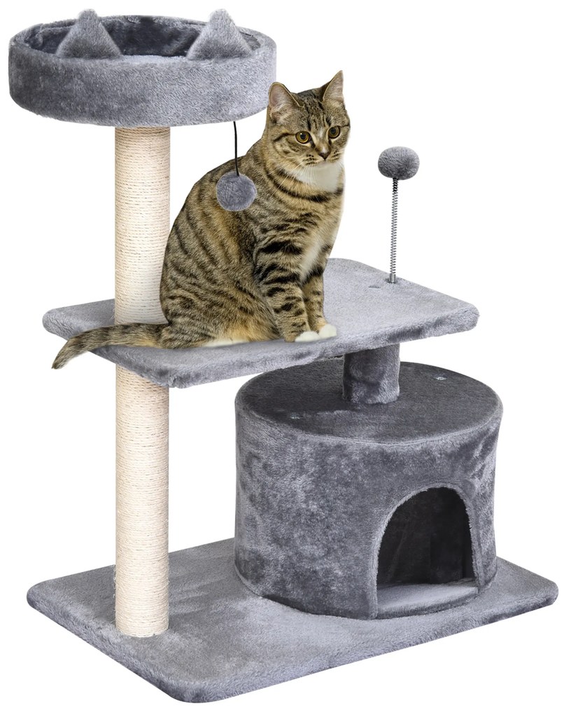 PawHut Árvore Arranhador para Gatos Médios com Cama Plataforma Caverna Poste de Sisal e Bolas de Brinquedo 60x40x81 cm Cinza