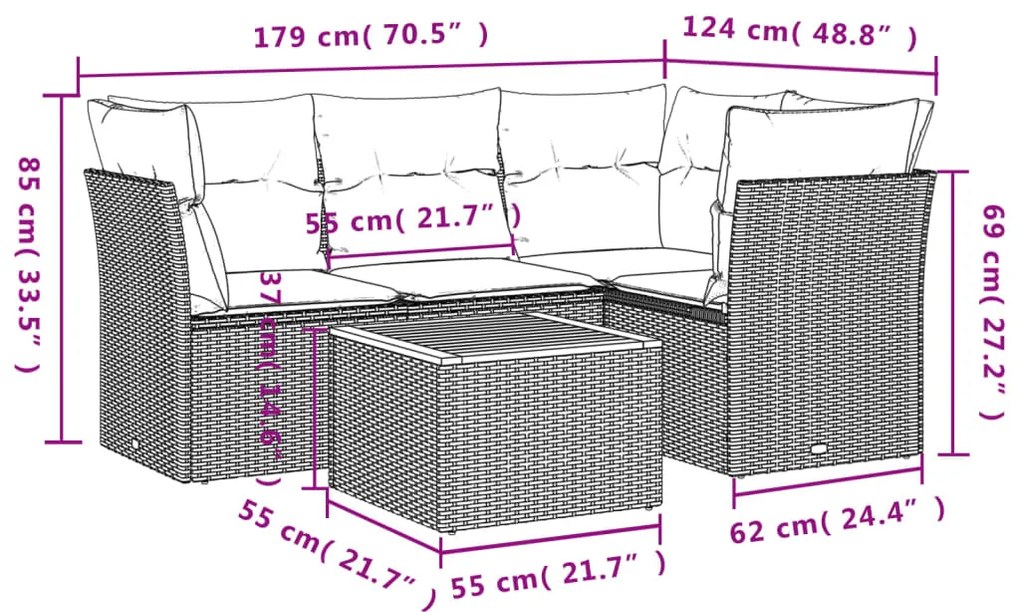 5 pcs conjunto sofás de jardim c/ almofadões vime PE cinzento