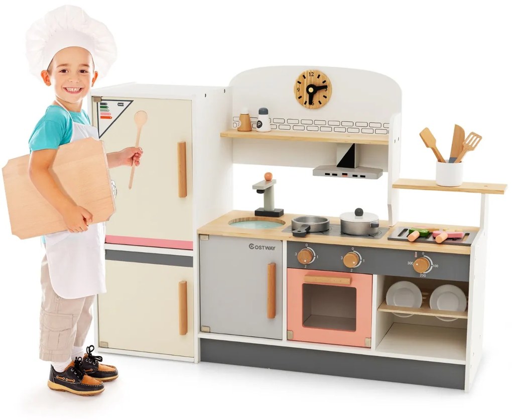 Cozinha de brincar de madeira para crianças com fogão, exaustor, frigorífico, utensílios de cozinha para 3+ anos
