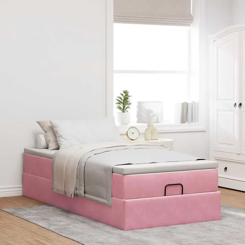 Estrutura de cama otomana com colchão rosa 90x200cm veludo