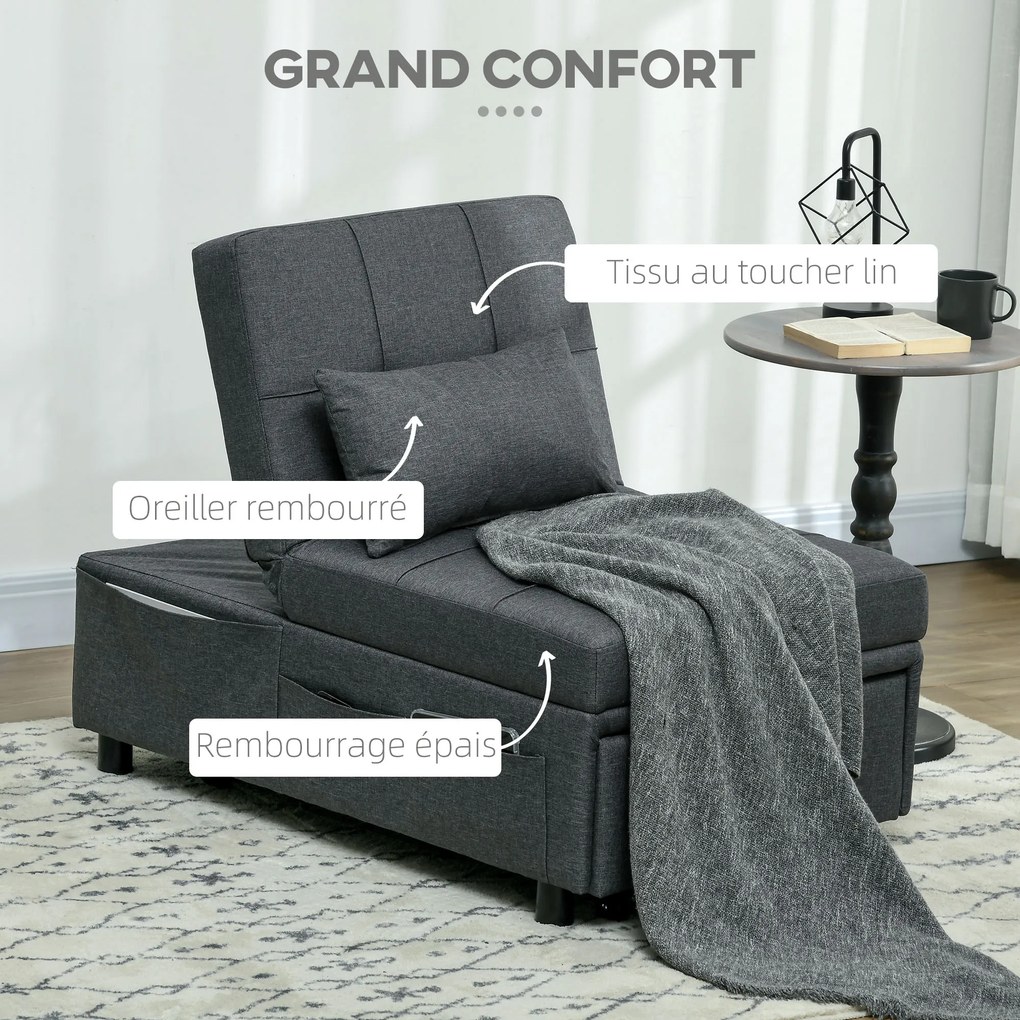 Poltrona convertível de 1 lugar, transformável em cama, com encosto ajustável, assento almofadado e almofada, cinzenta