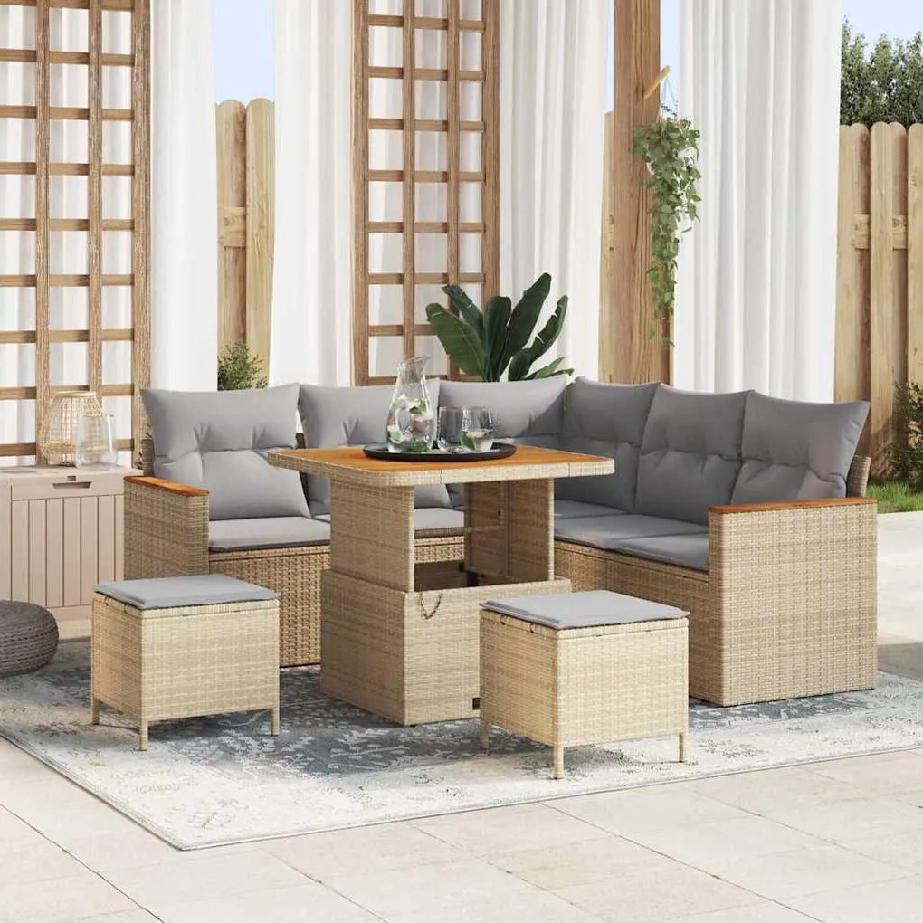vidaXL Conjunto de sofá de jardim com 8 peças e almofadas bege em poliratan e acácia
