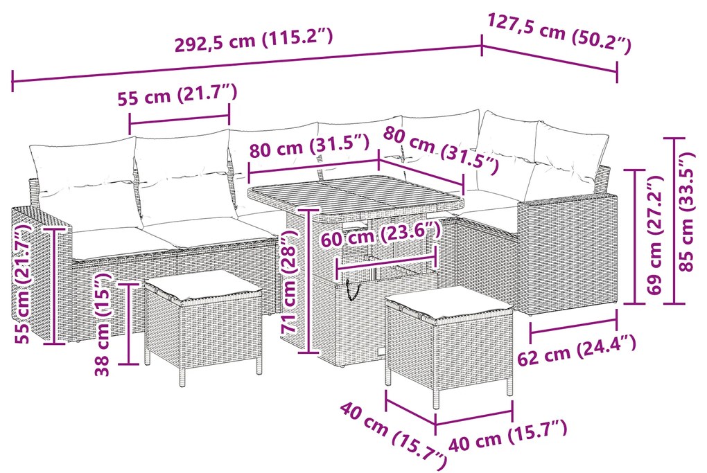 Conjunto de Sofá de Jardim vidaXL 9 Peças com Almofadas Bege Rattan Ac