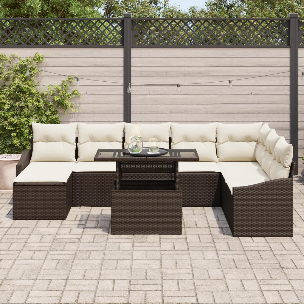 Conjunto de Sofá de Jardim de 9 Peças com Almofadas Castanho em Rattan