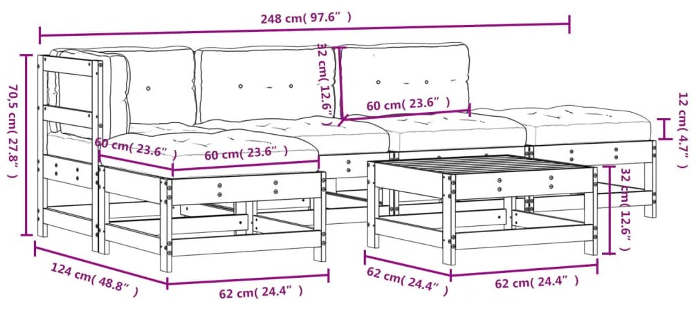 6 pcs conjunto lounge de jardim c/ almofadões pinho impregnado